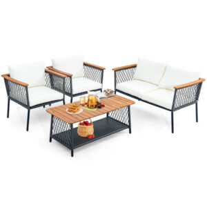 4 Piece Patio Rattan Furniture Set with 2-Tier Coffee Table-White - Color: White