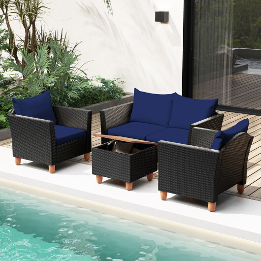 4 Pieces Outdoor Conversation Set with Storage Coffee Table-Navy - Color: Navy - Image 3