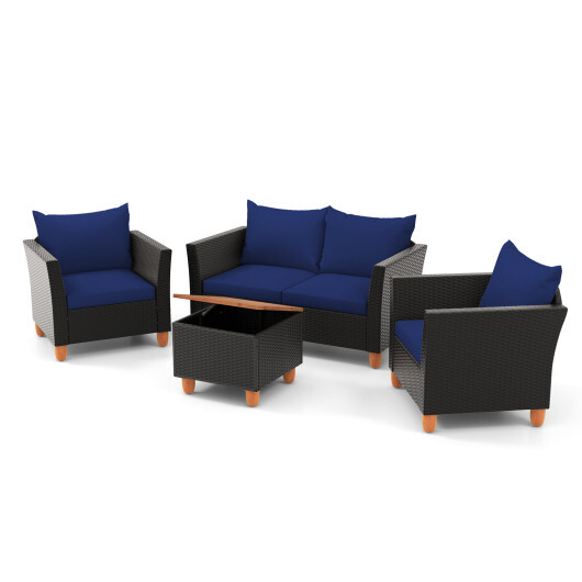 4 Pieces Outdoor Conversation Set with Storage Coffee Table-Navy - Color: Navy - Image 4