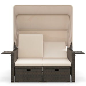 Outdoor Patio Rattan Daybed with Retractable Canopy and Adjustable Backrests-Beige - Color: Beige