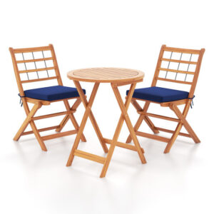 3 Pieces Acacia Wood Patio Bistro Set with Cushions-Navy - Color: Navy