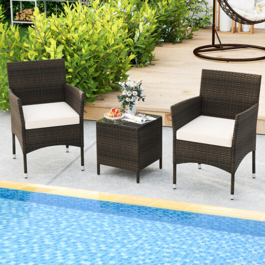 3 Pieces Outdoor Conversation Set with Cushioned Seat and Glass Tabletop-Beige - Color: Beige - Image 3