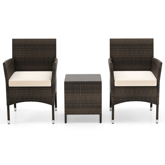 3 Pieces Outdoor Conversation Set with Cushioned Seat and Glass Tabletop-Beige - Color: Beige - Image 4