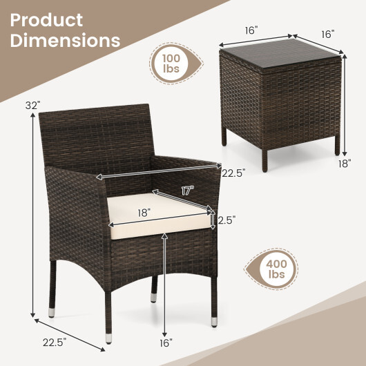 3 Pieces Outdoor Conversation Set with Cushioned Seat and Glass Tabletop-Beige - Color: Beige - Image 5