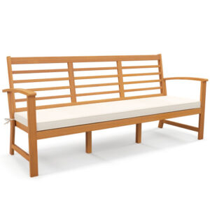 Patio 64 Inch Wood Bench with Seat Cushion and Slatted Seat for Backyard-Off White - Color: Off White