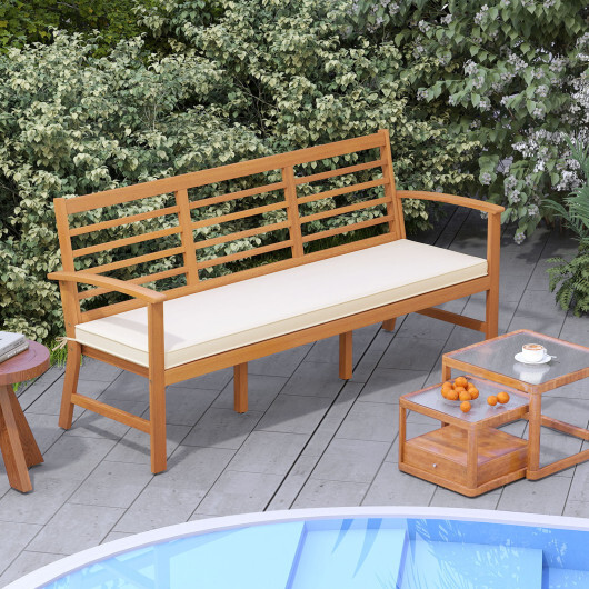 Patio 64 Inch Wood Bench with Seat Cushion and Slatted Seat for Backyard-Off White - Color: Off White - Image 2