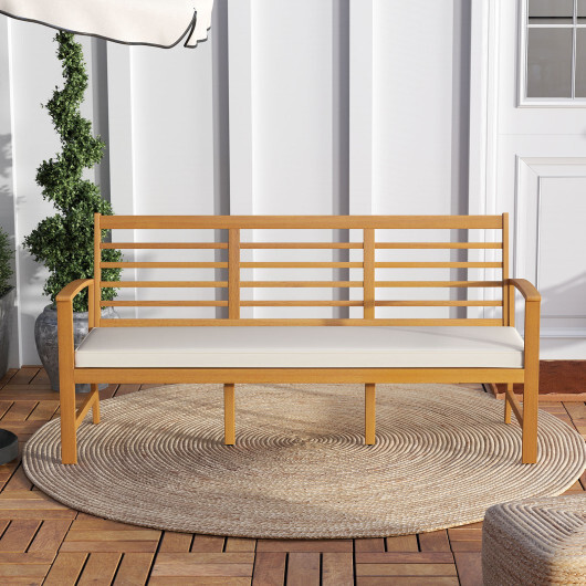 Patio 64 Inch Wood Bench with Seat Cushion and Slatted Seat for Backyard-Off White - Color: Off White - Image 3
