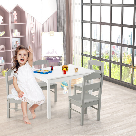 Kids 5 Pieces Table and Chair Set Wooden Children Activity Playroom Furniture Gift-White - Color: White - Image 2