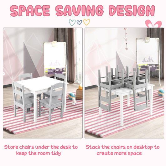Kids 5 Pieces Table and Chair Set Wooden Children Activity Playroom Furniture Gift-White - Color: White - Image 5