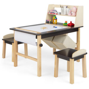 Kids Art Table and Chairs Set with Paper Roll and Storage Bins-Coffee - Color: Coffee