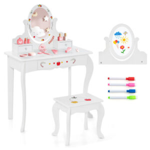 Kids Vanity and Stool Set with 360?° Rotatable Mirror and Whiteboard-White - Color: White