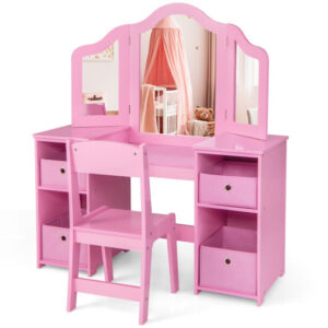 Kids Vanity Table and Chair Set with Removable Mirrors and 4 Storage Bins-Pink - Color: Pink