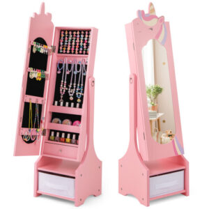 Kids Jewelry Armoire Cabinet with Storage and 2 Tilt Angles-Pink - Color: Pink