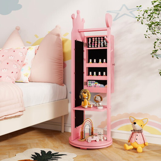 Free-Standing Full Length Mirror Kids Jewelry Armoire Cabinet-Pink - Color: Pink - Image 2