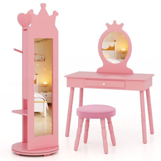 Free-Standing Full Length Mirror Kids Jewelry Armoire Cabinet-Pink - Color: Pink - Image 4
