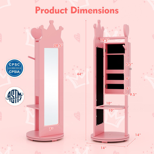 Free-Standing Full Length Mirror Kids Jewelry Armoire Cabinet-Pink - Color: Pink - Image 5