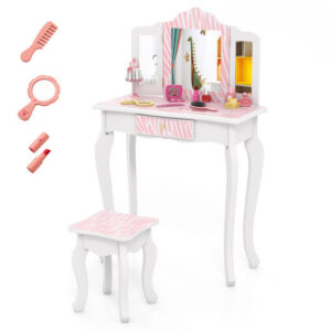Kids Vanity Set with Drawer and 3 Makeup Accessories-Pink - Color: Pink