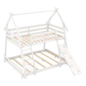 Twin Over Queen Bunk Bed Wooden Kids Bed with Climbing Nets and Ramp-White - Color: White
