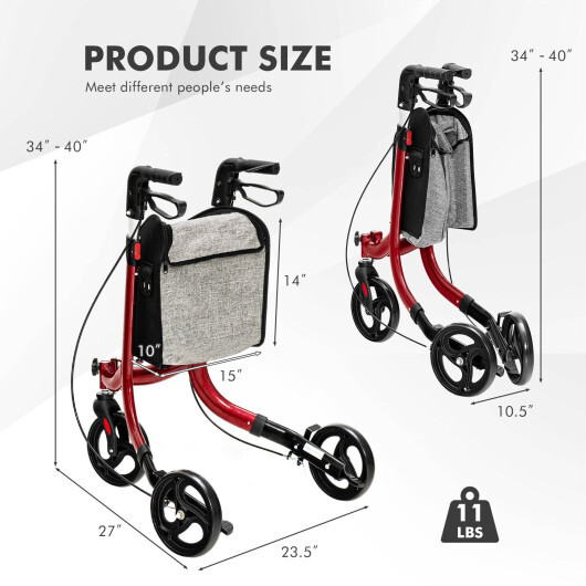 3-Wheel Rolling Walker with Adjustable Handle-Red - Color: Red - Image 4