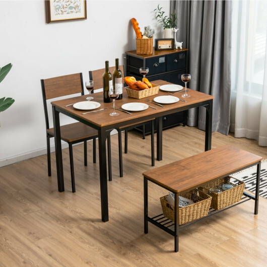 4 Pieces Rustic Dining Table Set with 2 Chairs and Bench-Brown - Color: Brown - Image 2