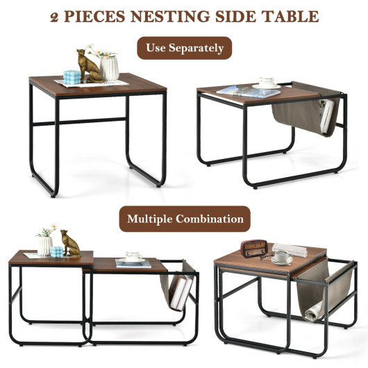 Set of 2 Nesting Coffee Tables with Side Pocket for Living Room Bedroom-Rustic Brown - Color: Rustic Brown - Image 5