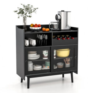 Kitchen Buffet Sideboard with Wine Rack and Sliding Door-Black - Color: Black
