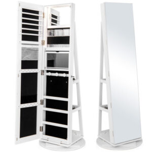 360?&deg; Rotating Mirrored Jewelry Cabinet Armoire 3 Color LED Modes Lockable-White - Color: White