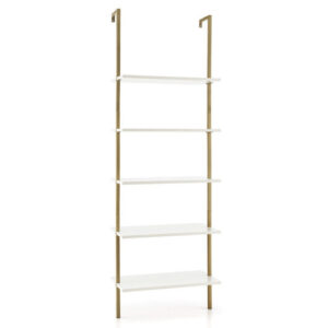5 Tier Ladder Shelf Wall-Mounted Bookcase with Steel Frame-Golden - Color: Golden