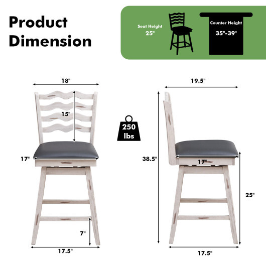 360?° Swivel Bar Stools with Rubber Wood Frame and Ergonomic Backrest and Footrest-25 inches - Color: Gray - Size: 25 inches - Image 4