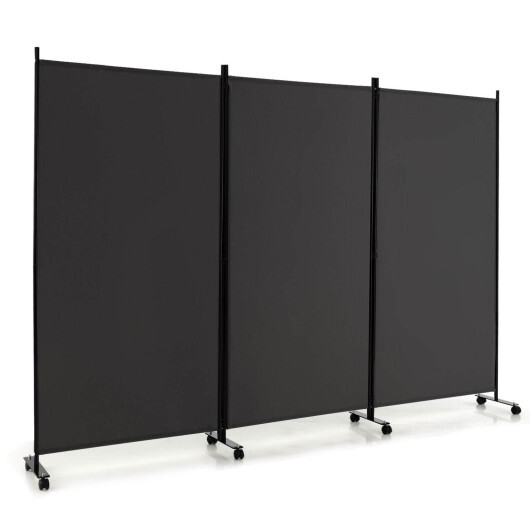 3 Panel Folding Room Divider with Lockable Wheels-Gray - Color: Gray