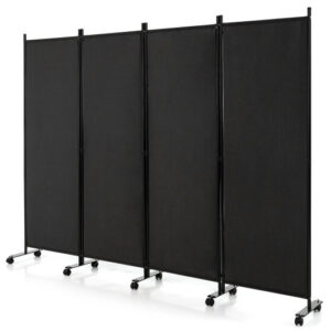 4-Panel Folding Room Divider 6 Feet Rolling Privacy Screen with Lockable Wheels-Black - Color: Black