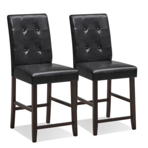 Set of 2 Bar Stools with Rubber Wood Legs and Button-Tufted Back - Color: Black