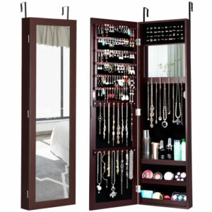 Full Length Mirror Jewelry Cabinet with Ring Slots and Necklace Hooks-Dark Brown - Color: Dark Brown