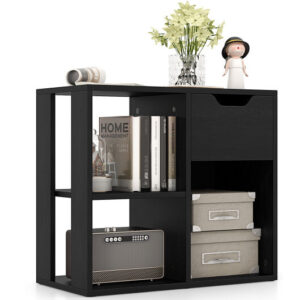 3-Cube Bookcase 2-tier Wooden Storage Shelf Floor Standing Bookcase with Pull-out Drawer-Black - Color: Black