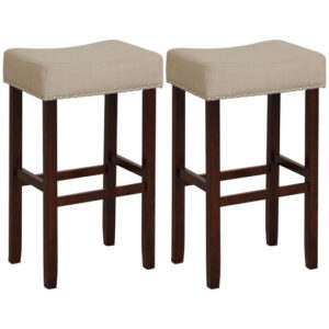 2 Set of 29 Inch Height Upholstered Bar Stool with Solid Rubber Wood Legs and Footrest-Beige - Color: Beige