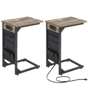 Set of 2 C Shaped End Table with Charging Station-Rustic Brown - Color: Rustic Brown