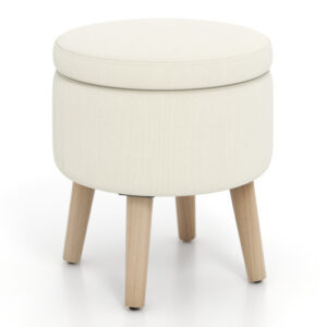 Round Storage Ottoman with Rubber Wood Legs and Adjustable Foot Pads-Beige - Color: Beige