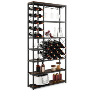Industrial Floor Wine Rack with 3 Rows of Stemware Racks - Color: Rustic Brown
