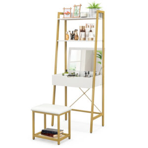 Ladder Vanity Desk Set with Flip Top Mirror and Cushioned Stool-Golden - Color: Golden