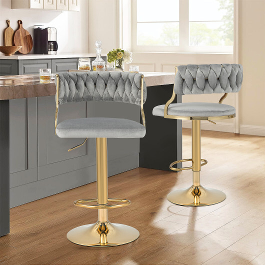 Swivel Barstool with Woven Back Set of 2 for Kitchen Island Cafe-Gray - Color: Gray - Image 2