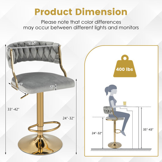 Swivel Barstool with Woven Back Set of 2 for Kitchen Island Cafe-Gray - Color: Gray - Image 4