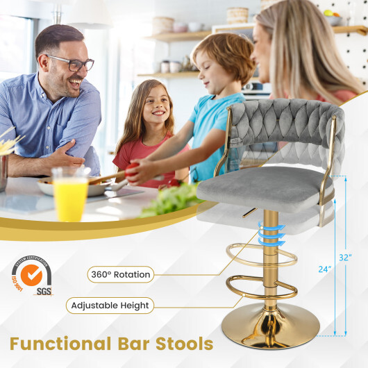 Swivel Barstool with Woven Back Set of 2 for Kitchen Island Cafe-Gray - Color: Gray - Image 5
