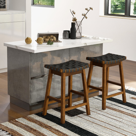 Faux PU Leather Bar Height Stools Set of 2 with Woven Curved Seat-25 Inches - Size: 25 inches - Image 2