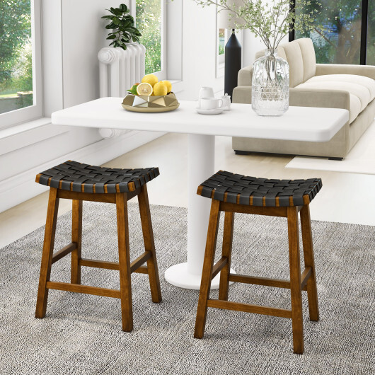 Faux PU Leather Bar Height Stools Set of 2 with Woven Curved Seat-25 Inches - Size: 25 inches - Image 3
