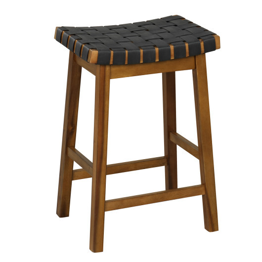 Faux PU Leather Bar Height Stools Set of 2 with Woven Curved Seat-25 Inches - Size: 25 inches - Image 4