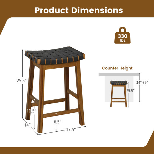 Faux PU Leather Bar Height Stools Set of 2 with Woven Curved Seat-25 Inches - Size: 25 inches - Image 5