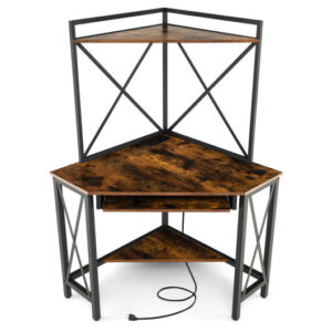 Space-Saving Corner Computer Desk with with Hutch and Keyboard Tray-Rust Brown - Color: Rustic Brown