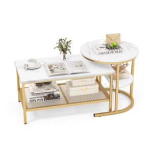 Set of 2 Nesting Coffee Table with Extra Storage Shelf for Living Room-Golden - Color: Golden