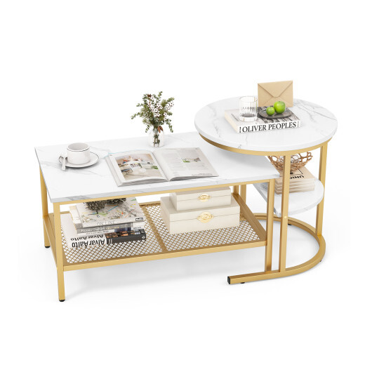 Set of 2 Nesting Coffee Table with Extra Storage Shelf for Living Room-Golden - Color: Golden