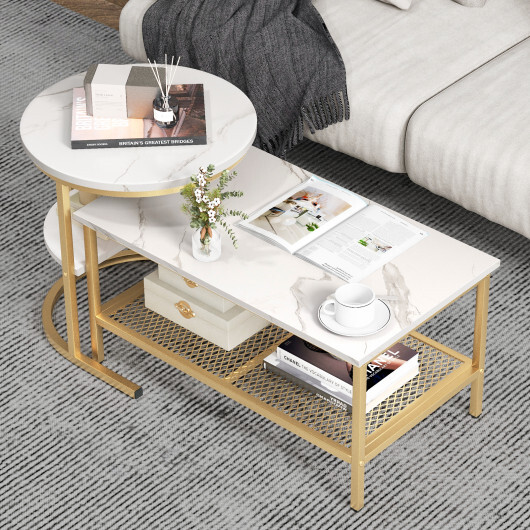 Set of 2 Nesting Coffee Table with Extra Storage Shelf for Living Room-Golden - Color: Golden - Image 2